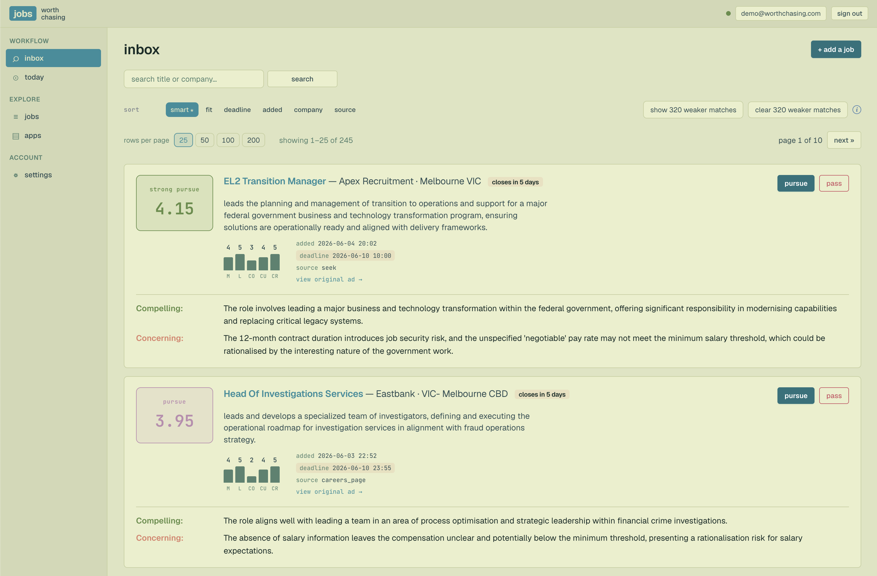the jobs worth chasing inbox: real jobs scored against your profile, each with a fit rating and a compelling and concerning breakdown